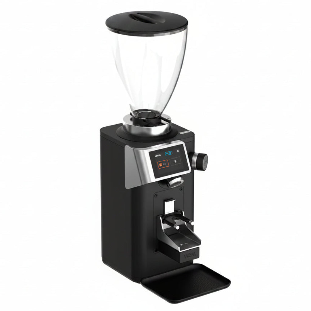 Black coffee grinder with digital display on a white background