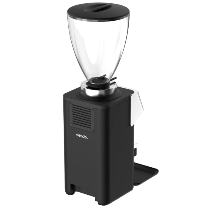 Black coffee grinder with clear container on a white background