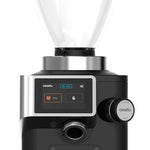 Black coffee grinder with digital display and control knobs on a white background