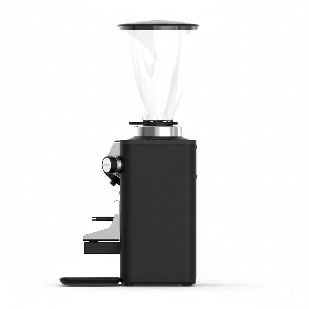 Black coffee grinder with glass container on a white background