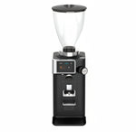 Black coffee grinder with clear bean container on a white background