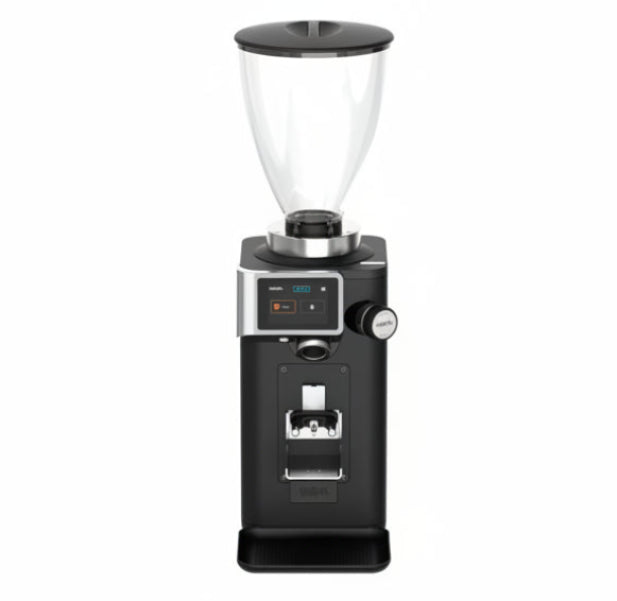 Black coffee grinder with clear bean container on a white background