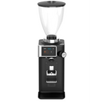 Black coffee grinder with clear bean container on a white background