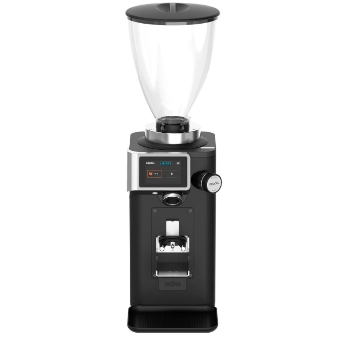 Black coffee grinder with clear bean container on a white background